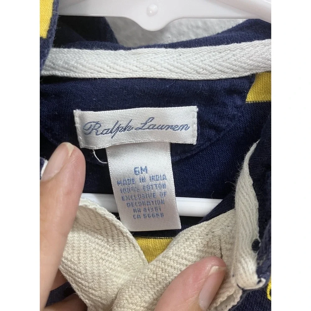 Ralph Lauren Baby Romper One-Piece Hooded Rugby Navy Yellow Stripe Size 6 Months